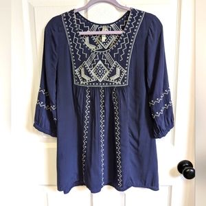 Maria Rello Women’s 3/4 Sleeve Navy Tunic Blouse Scoop Neck Embroidered Small